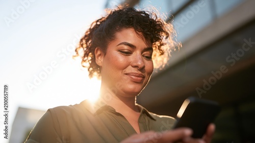 Smiling Woman Texting Outdoors on Sunny Day