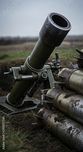 A large military artillery piece rests on a dirt mound