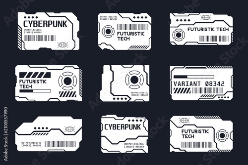 Set of futuristic cyberpunk style UI interface labels and data tags elements