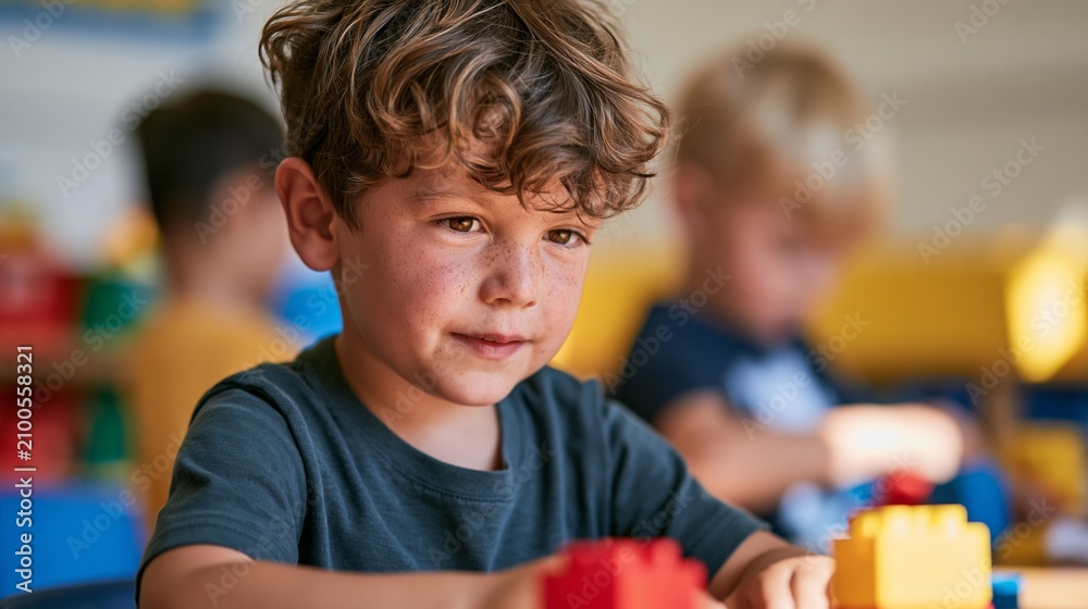 Fototapeta premium Young Boy Engrossed in Building LEGO at Daycare