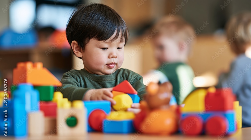 Fototapeta premium Child Playing with Legos at a Table in a Room