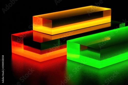 Three blocks of glass in red, green, and yellow sit together, shining under studio lights in a dark environment