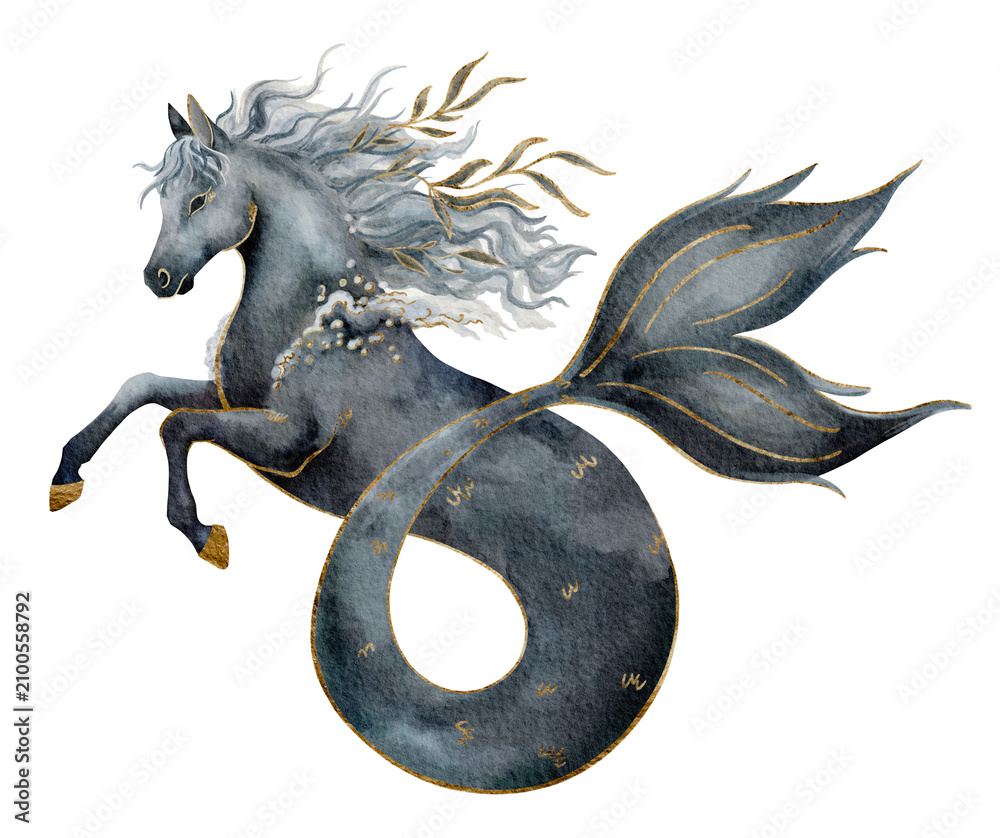 Fototapeta premium Elegant hand-drawn watercolor illustration of greek hippocampus sea creature, gold foil
