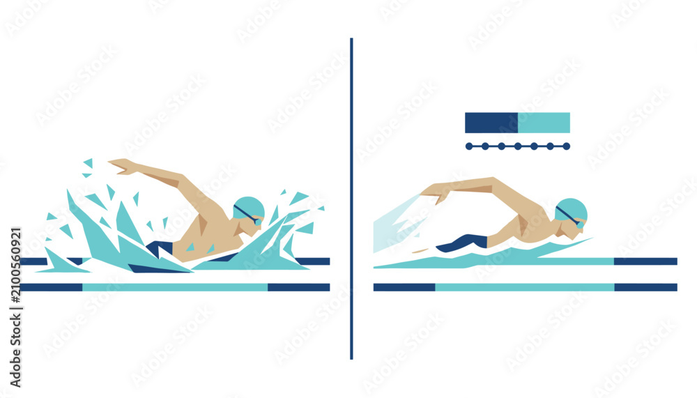 Obraz premium Two versions of a swimmer in the water contrast a splashing stroke with a smooth efficient aquatic glide.