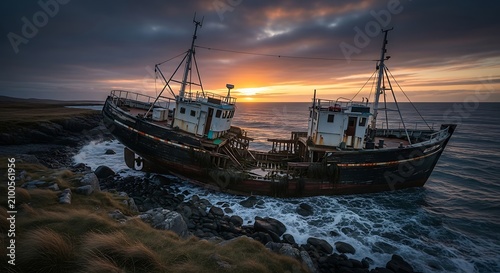 A large, old fishing boat wrecked on rocky coastline at sunset