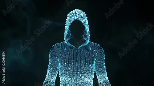 A futuristic video showcases a mysterious figure composed of glowing blue digital particles against a dark night sky background