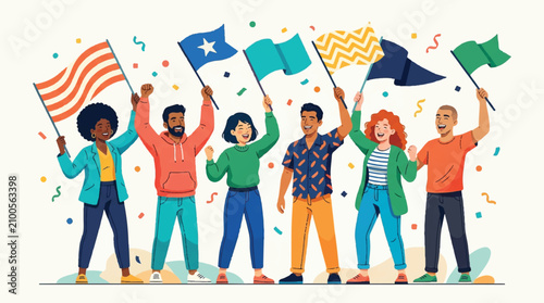 Diverse group of people celebrating global unity and peace with colorful flags