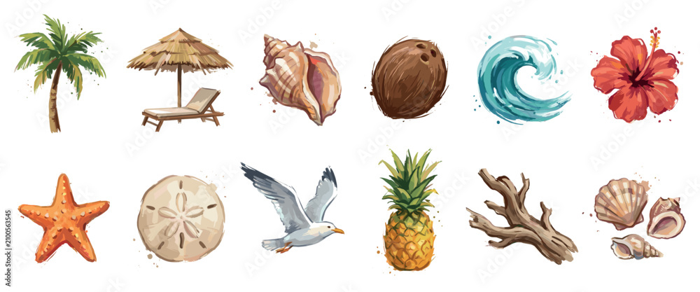 Obraz premium Tropical vacation icons set. Summer holiday and beach travel concept. Includes palm tree, beach umbrella, seashell, coconut, ocean wave, hibiscus flower. Watercolor style