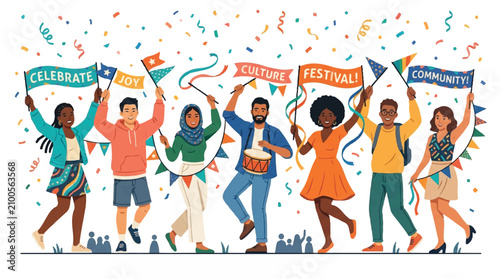 Diverse community celebrating cultural festival with flags and confetti