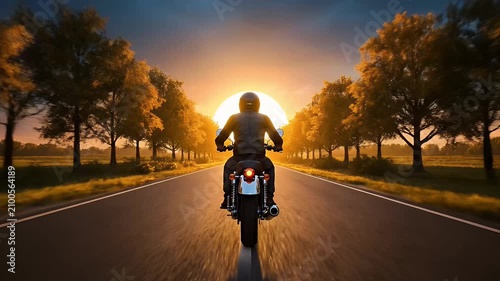 A stunning video captures a lone motorcyclist riding down a scenic road bathed in golden sunset light among trees