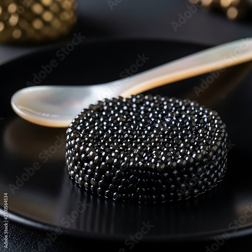 A luxurious black caviar mound on a sleek black plate with a silver spoon