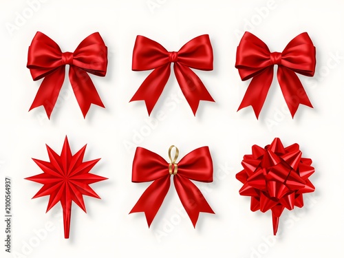 Realistic red bows and gift ribbons for Christmas, holiday decoration and festive packaging, isolated on white background