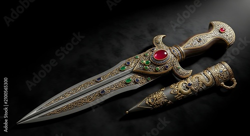A luxurious dagger with ornate gold handle and scabbard adorned with precious stones