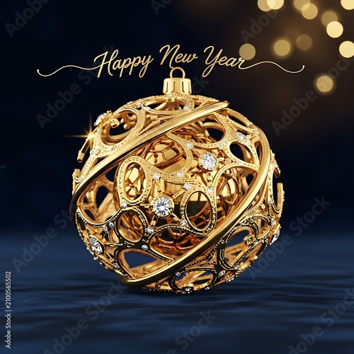 A luxurious gold Christmas ornament with diamonds and a Happy New Year message