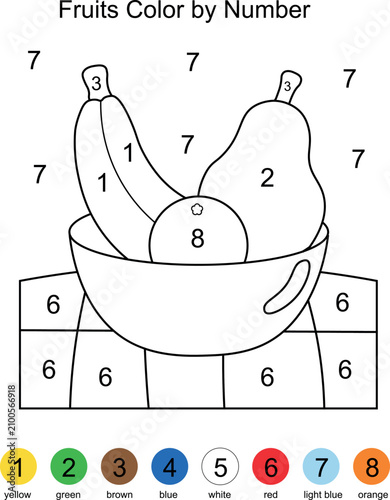 Educational color by number fruits bowl coloring page worksheet template for kids