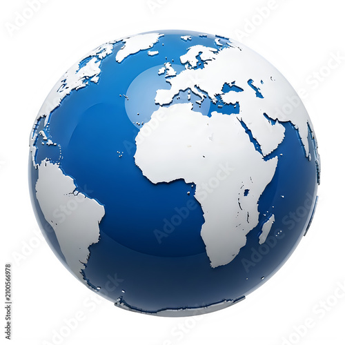 A shiny blue globe icon showing continents of the world isolated on transparent background