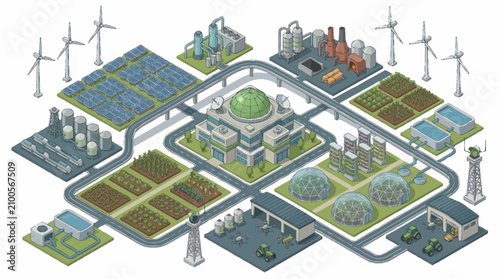 Isometric illustration of sustainable eco friendly city infrastructure.