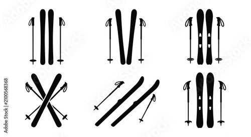 Εκτύπωση καμβά Skiing Equipment Silhouettes Black Vector Illustration On White Background
