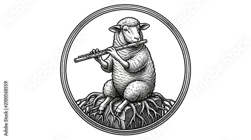 Foto Sheep playing a musical instrument pipe.