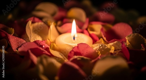 Lit tealight candle surrounded by rose petals in warm lighting