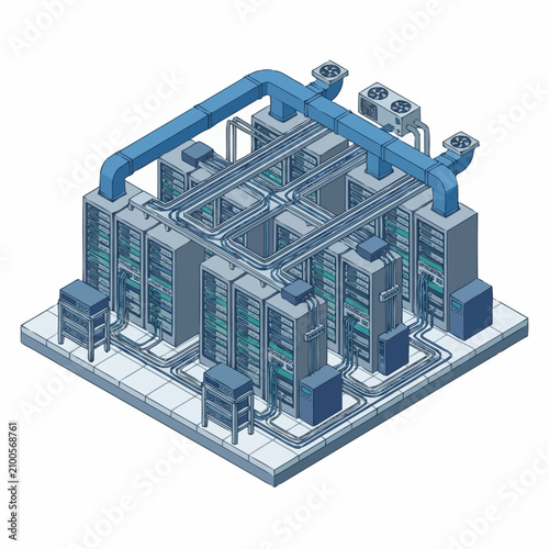 Photos Isometric industrial server room with blue pipes and racks.