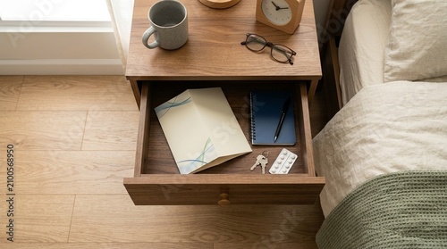 Bedside table drawer left ajar revealing a folded patient education booklet – hospital nursing stock photo for healthcare, medical technology and patient care documentation