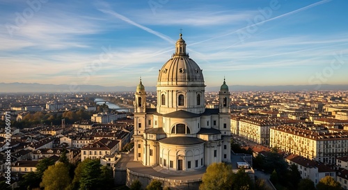A large, ornate church with a prominent dome and two smaller towers stands in a cityscape