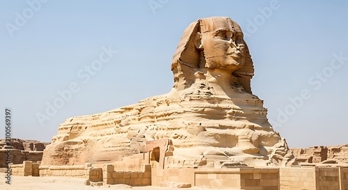 A majestic ancient limestone statue with a human head and lion's body
