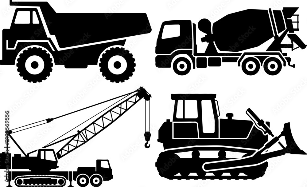 Fototapeta premium Heavy construction machinery and vehicles black silhouettes set