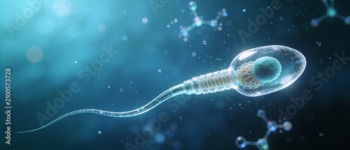 Detailed 3D illustration of a microscopic sperm cell swimming through a fluid environment