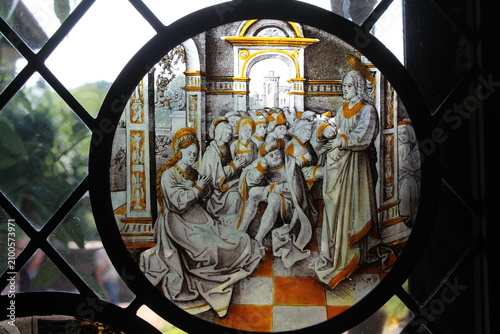 Принти на полотні Roundel stained glass with Christ and the adulterous woman