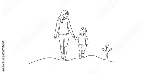 Mother and Son Walking Continuous Line Art