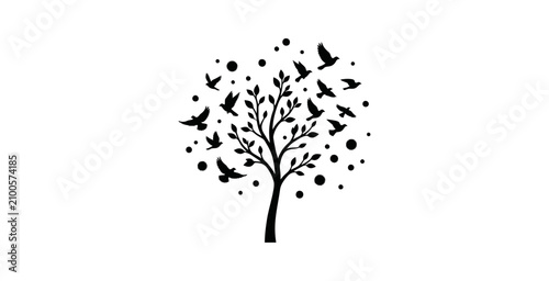 Tree with Flying Birds Silhouette Vector Illustration