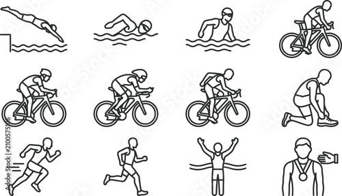 Triathlete in various sports actions