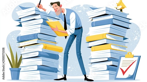 Man stands amidst stacks of books, reviewing document with pen.