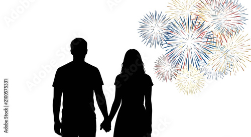 Couple watching fireworks on a romantic evening with looking colorful fireworks exploding sky silhouettes man woman holding hands celebration