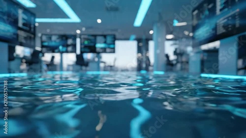 Modern Indoor Pool with Colorful LED Lighting and Reflections.