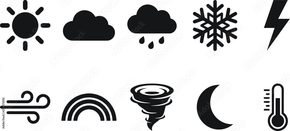 Obraz premium Weather forecast icon set representing various natural elements and phenomena signs.