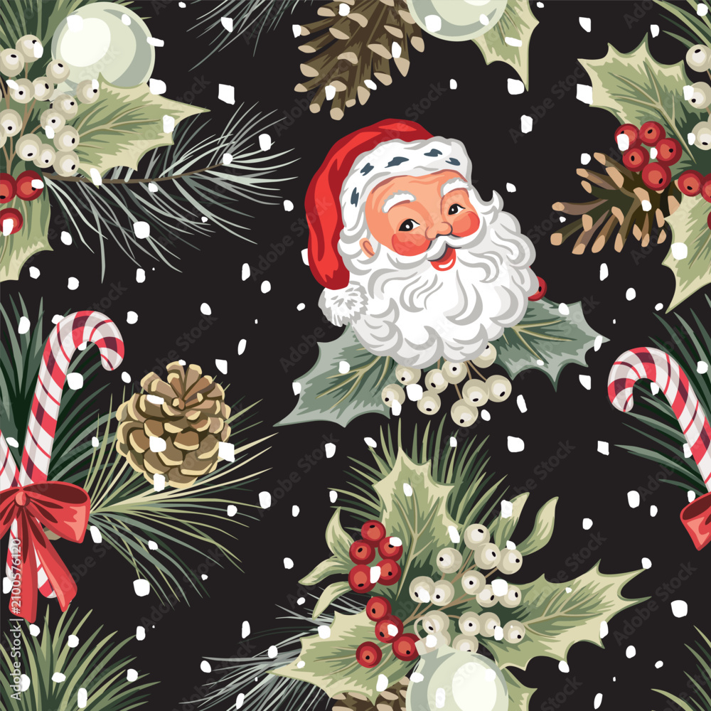 Obraz premium Santa Claus, mistletoe, fir branch, cone, candy cane seamless pattern. Winter holiday wallpaper.