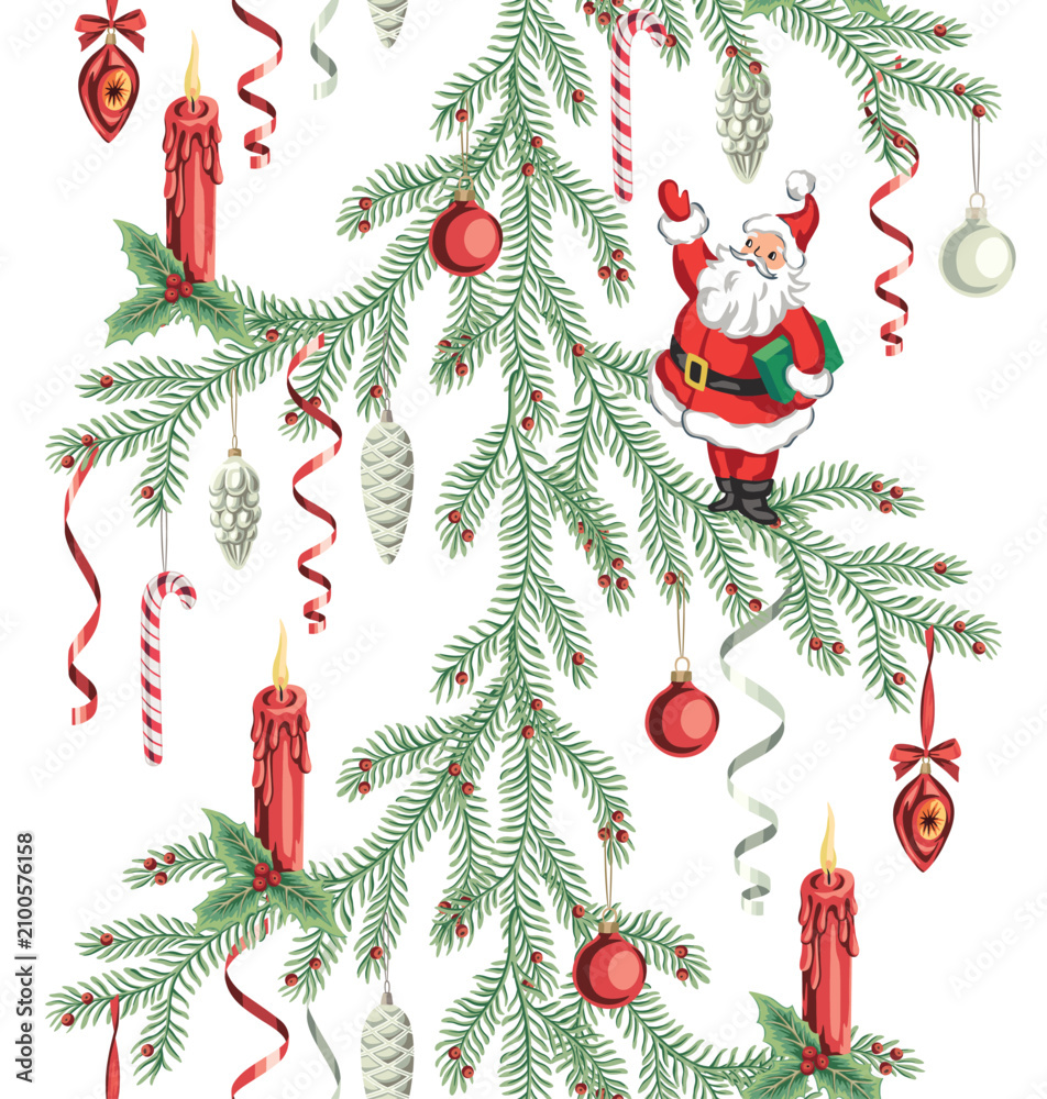 Fototapeta premium Santa Claus, Christmas tree, serpentine, candy cane, candle and ball seamless pattern. Merry Christmas, New Year wallpaper.