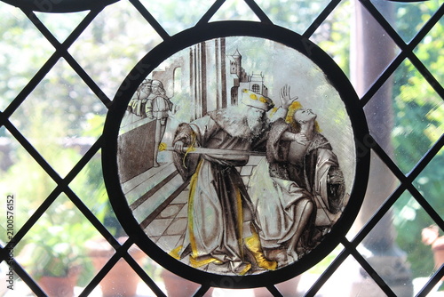 фотографія Roundel stained glass with Job murdering Abner
