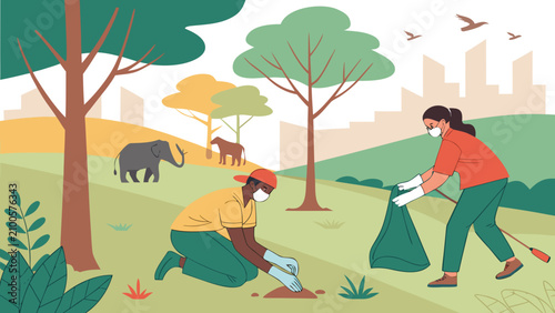People wearing face masks cleaning a park area to support environmental protection with environment cleaning volunteers pollution protection sustainability conservation community activity