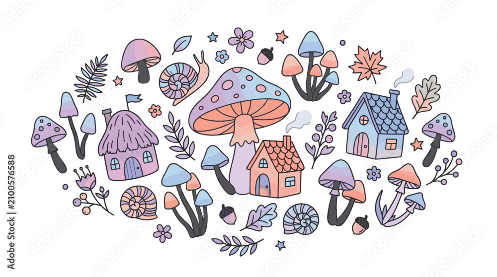 Naklejka premium Whimsical fairytale mushroom village with cute houses and snails.