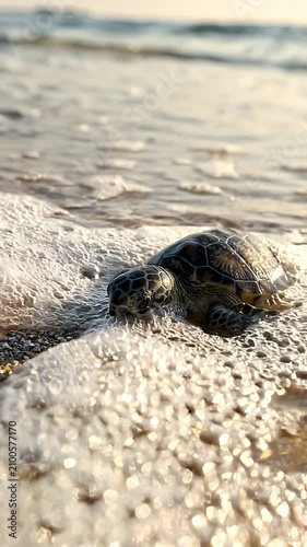 Baby sea turtle crawls across sandy beach towards ocean waves, leaving a trail in the sand as it moves closer to the water under a bright sky