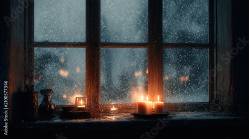 candlelit window with gentle snowfall outside,