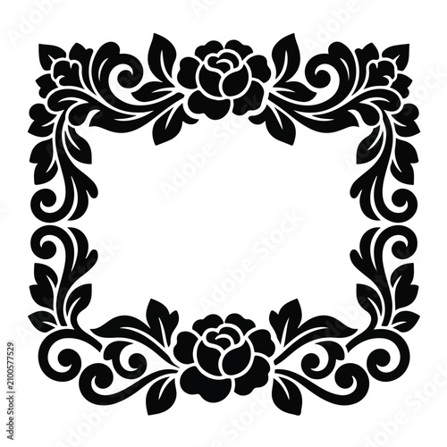 Black decorative leaf wreath circular floral crest ornament stencil design element for invitations certificates logo framing white illustration