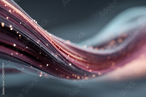 Abstract digital art featuring flowing rose gold and teal fiber optic lines with glowing bokeh particles and cinematic lighting.