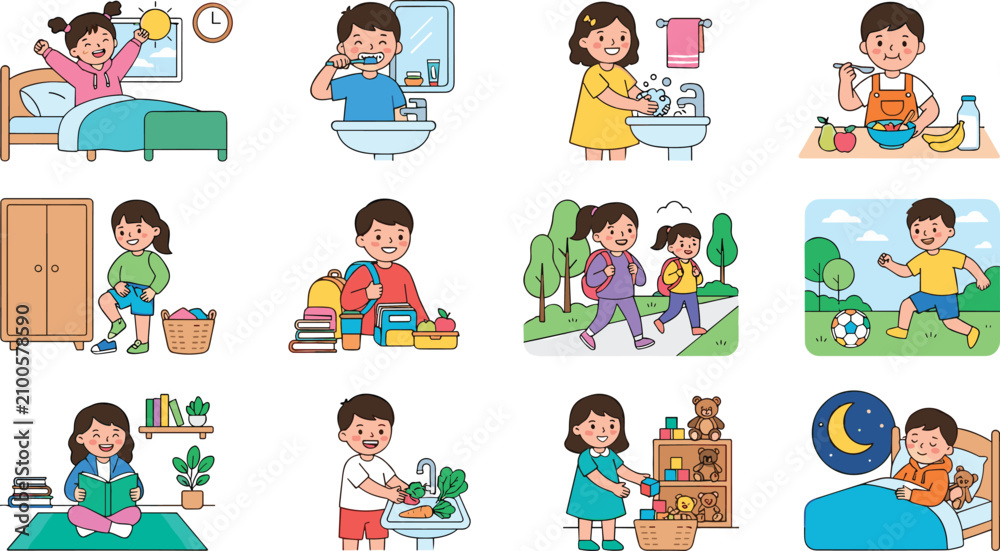 Fototapeta premium Cute Kids Daily Routine Activities Cartoon Vector Illustration Collection for Children Education
