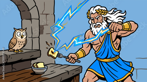 Fotografía Zeus Using Lightning to Toast Bread with Owl Watching, Flat Vector Illustration