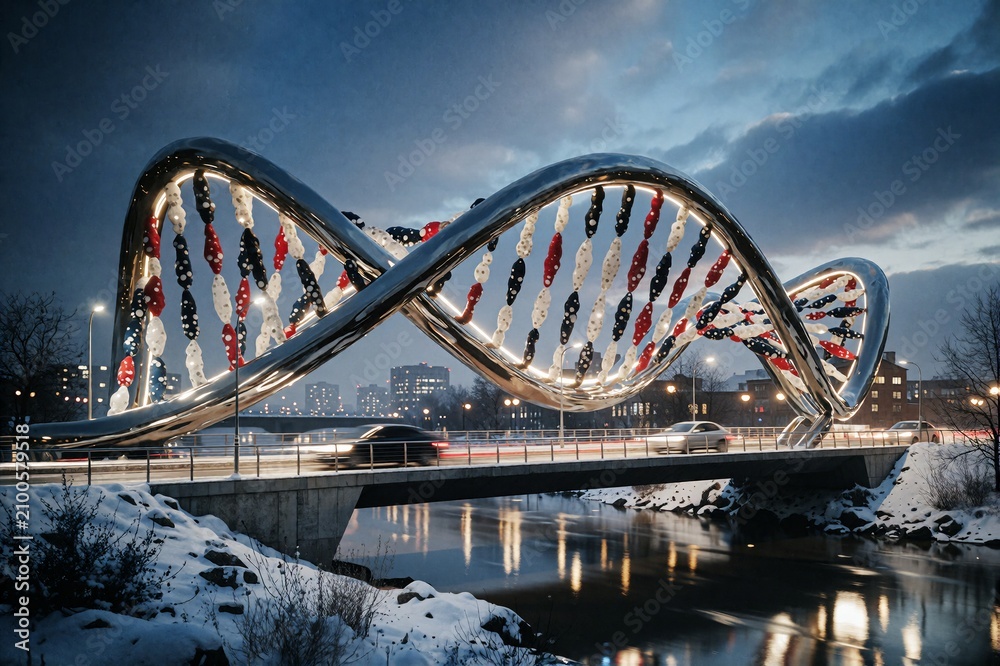 Fototapeta premium Illuminated DNA Helix Bridge at Night Winter Landscape Architecture